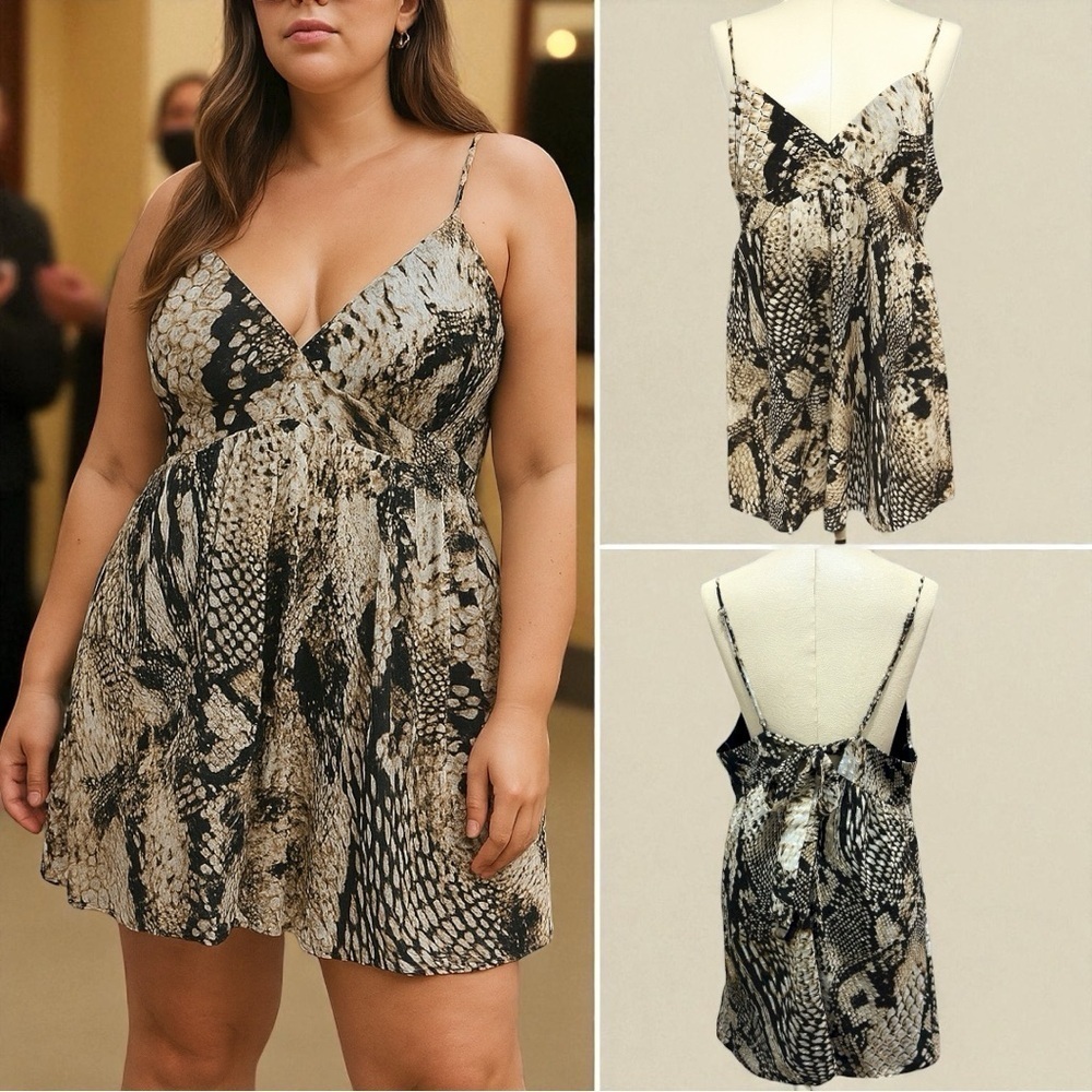 378 Zara |NWT Turkey Beige Snake Print Satin Adjustable Straps Mini Dress (sz L)